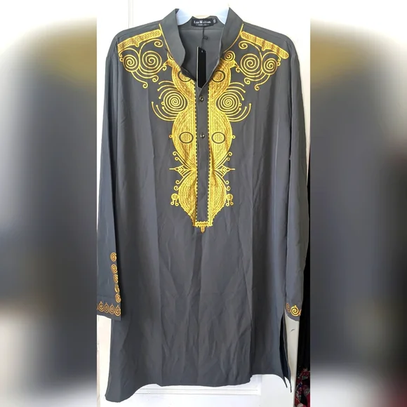 LucMatton Men's African Traditional Dashiki Luxury Metallic Gold Printed - Picture 1 of 7